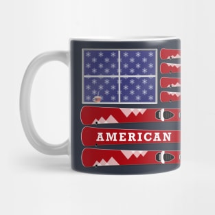 American Winter - skis and snowflakes USA flag - navy background Mug